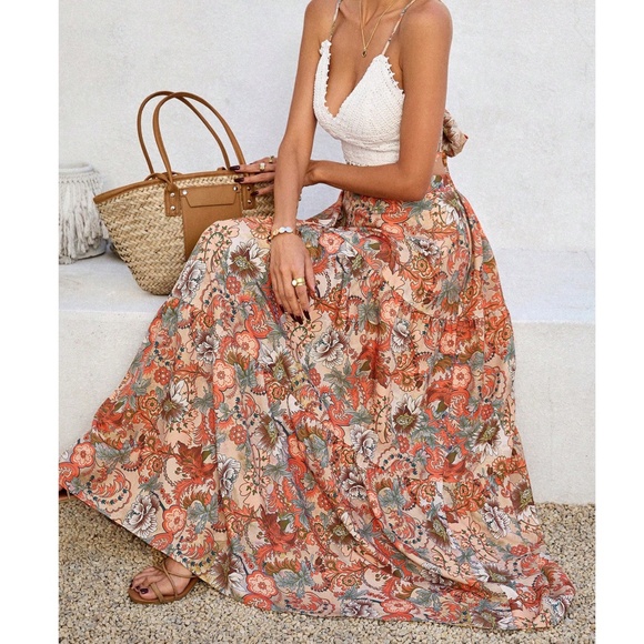 Boho Floral Print Crochet Back Tie Cami Crop Top maxi Skirt Set - Picture 6 of 6